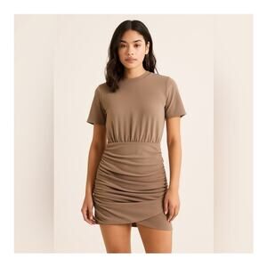 Abercrombie & Fitch Women's Tan Brown Bodycon Mini Ruched Minimalist Dress sz L